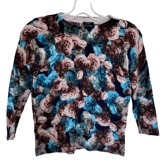 Talbots Sweaters - Talbots Petite Floral Rose Print Wool Pullover Sweater | Brown & Teal Pullover
